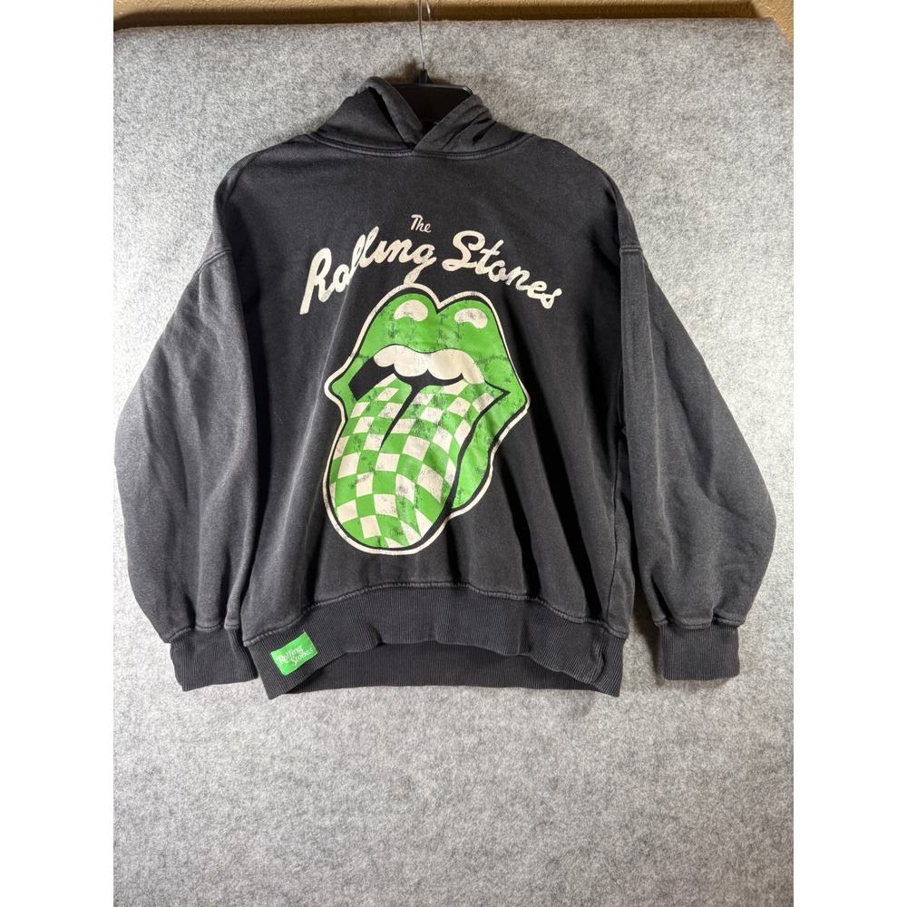 Zara Kids Rolling Stones Hoodie Washed Black Green Checkered Logo Size 8-9 130cm